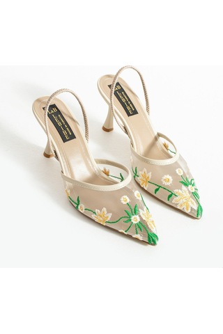 Lebibe Shoes Daısy Çiçek İşlemeli Tül Dokulu 7cm Bantlı Bej Topuklu Ayakkabı