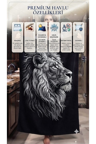 Özel Tasarım Marka Banyo Plaj Spor Havlusu Luxury Premium Organik Pamuk Mikrofiber Su Emici Yumuşak Hızlı Kuruma Solmaz Aslan Kaplan Altın - Siyah