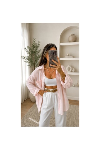 Moda Banuş Pembe Düşük Omuzlu Tensel Gömlek Moda Banuş Pembe Düşük Omuzlu Tensel Gömlek