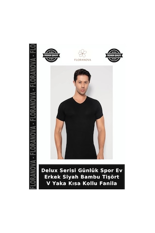 Floranova Delux Serisi Günlük Spor Ev Erkek Siyah Bambu Tişört V Yaka Kısa Kollu Fanila