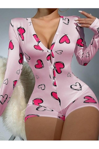 Bi Cool Pamuklu Pembe Kalp Desenli Düğmeli Uzun Kol Tulum Pijama Çok Renkli