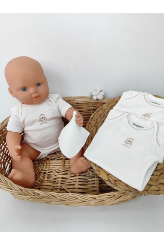 Tomuycuk 2'li Kısa Kollu Bebek Body Ekru Fitilli Zıbın Çıtçıtlı Atlet % 100 Pamuklu Mevsimlik Hediyelik Ekru