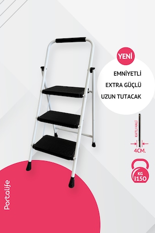Portalife 3 Basamaklı Uzun Tutacaklı Şık Çelik Merdiven - Beyaz 3 Basamak