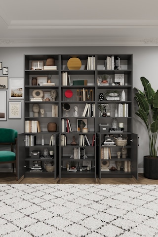 Asra Trend K-57 %100 MDF 180 cm 3 Modüllü Kapaklı Kitaplık Raflı Kütüphane Koyu Gri