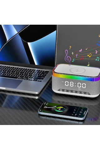 Rgb Işıklı Bluetooth Hoparlör - Dijital Saat, Kablosuz Şarj Ve Çok Renkli Led Aydınlatma