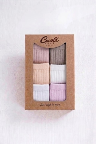 Cocole Socks Kız Bebek Soket Çorabı Kraft Kutulu 6'lı Set Pamuklu 0-1 Yaş Fitilli Çok Renkli