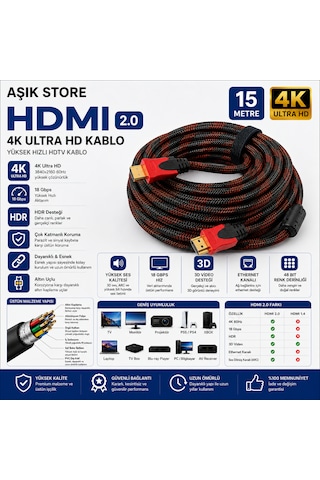 Hdmı 2.0 Kablo 15 Metre Örgülü Altın Uçlu 4k Ultra Hd 18gbps Hdr Yüksek Hızlı Tv Monitör Projeksiyon Ps5 Xbox Laptop