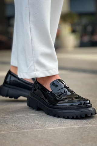 Roof Atelier Erkek Siyah Rugan Kalın Taban Loafer Ayakkabı - 2417 - Rst Siyah