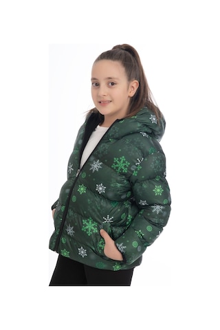 Spor Kız Spor Çocuk Pusula Desen Polar Su Ve Rüzgar Geçirmez Kapüşonlu Cepli Mont YESIL