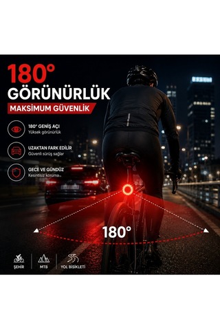 Luve Store Akıllı Bisiklet Arka Stop Lambası Fren Sensörlü Type-c Şarjlı Ipx6 Suya Dayanıklı 5 Modlu Led Işık Siyah