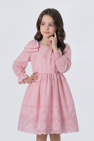 Pina Kids Kız Çocuk Omzu Fiyonk Detaylı Uzun Kollu Fisto Elbise Pembe