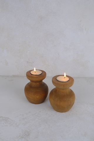 2 Li Büyük Boy Nar Model Tealight Ahşap Şamdan Seti Dekoratif