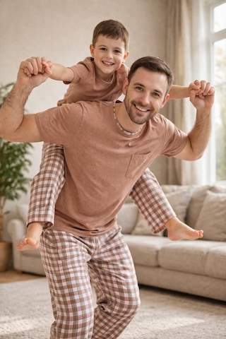 Rindahomewear Açık Kahverengi Kısa Kol Baba-oğul Cepli Pijama Takım Açık Kahverengi-80501