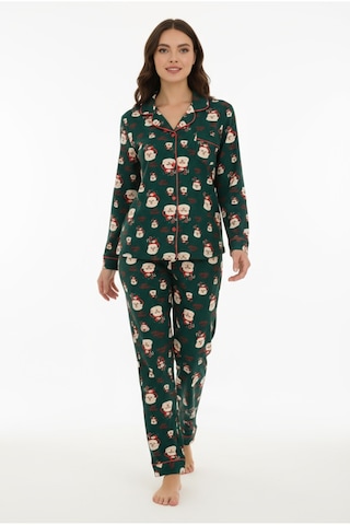 Luxury Soft Yeşil Noel Baba Desenli Uzun Kollu Kadın Pijama Takımı 3023 Turkuaz