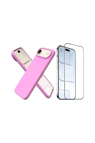Apple Uyumlu iPhone 17 Air Içi Kadife Lansman Kılıf Ve 5d Tam Kaplayan Cam Ekran Koruyucu Açık Pembe
