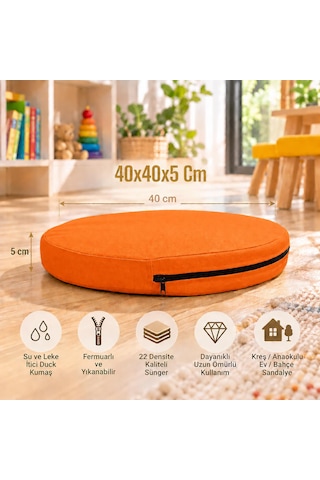 Kreş Anaokulu Yuvarlak Oyun Minderi Aktivite Minderi 40x40x5 Cm - Sandalye Minderi - Bahçe Dekor Minderi Yuvarlak Minder Turuncu