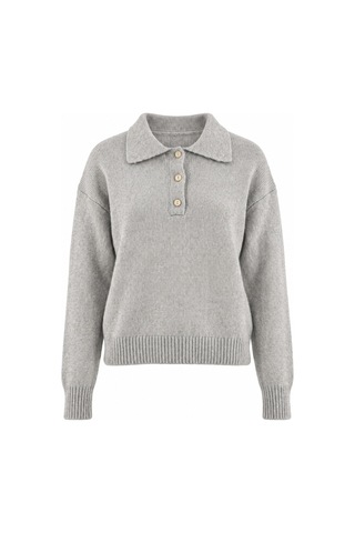 Genel Markalar Kadın Gri Basic Oversize Polo Yaka Yarım Pat Düğmeli Triko Kazak-27aj002 Gri 923050279 Gri