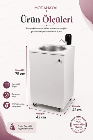Mobil Lavabo Seyyar Lavabo Yeni Yönetmeliğe Uygun Model Şarjlı Elektronik Musluklu Çift Su Hazneli 360 Tekerlekli Paslanmaz Evyeli Beyaz