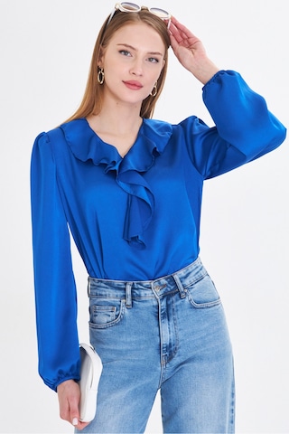 Armonika Kadın Saks Yakası Fırfırlı Omuzu Büzgülü Kolu Lastikli Pamuk Saten Bluz Arm-22k001059