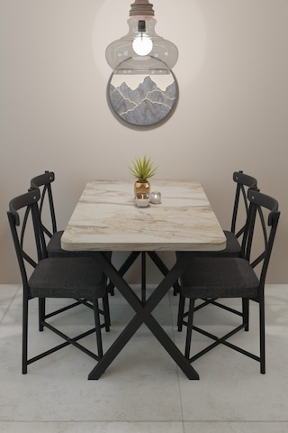 Modern Yemek Masası Takımı 70x110 Cm Oval Mutfak Masası & 4 Adet Tonet Model Kumaş Döşemeli Sandalye Krem