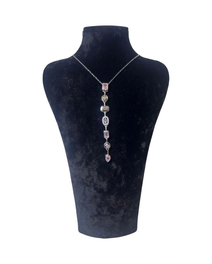 Uretti - Melik 9215 Yedi Element Taşlı Çelik Y Kolye - 2 Renk Şeçeneği Açık Pembe