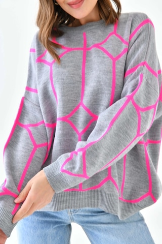 Park Karon Kadın Bisiklet Yaka Desenli Oversize Triko Kazak 224403 Gri