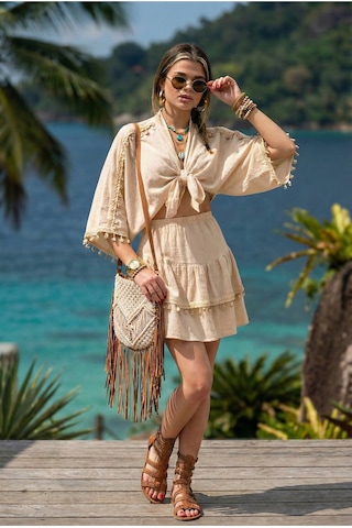 Fashion Cocktail Akdeniz Esintili Midye İstiridye Deniz Yıldızı Bağlamalı Bluz Katlı Mini Etek Sahil 2li Bohem Takım Bej