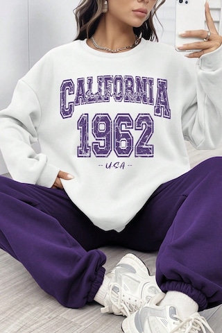 Modagen Unisex Mor Beyaz Bisiklet Yaka California Baskılı Alt-üst Eşofman Takımı Mor-beyaz