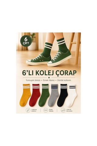 Worthy Socks 6'lı Kadın Çizgili Renkli Kolej Spor Çorap Seti Tenis Stili 6 Çift Çok Renkli