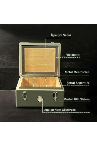 Mezmob İspanyol Sedir Humidor Puro Kutusu Baskı Kilitli Fitilli Haki Yeşil Lake Boya Analog