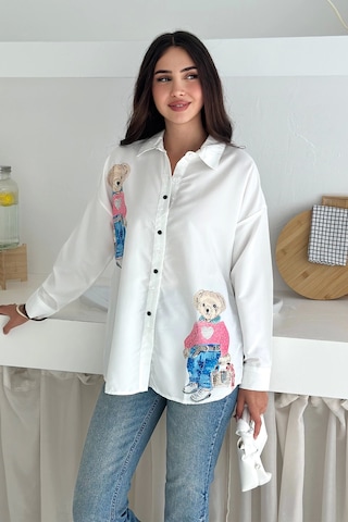 Asprin Fashion Ayıcık Baskılı Gömlek Beyaz Beyaz
