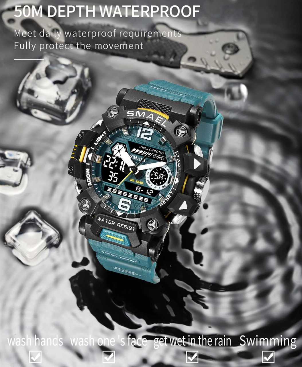 Geeroyoo Erkekler İçin Smael 8072 Askeri Stili Kronograf Alarm Stopwatch Sert Çarpıma Dayanıklı 3atm Su Geçirmez Led Işıklı Dış Mekan Kol Saati