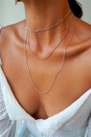 X-Ladyaccessories Kadın Üçlü Şeri Zincir Kolye Silver Katmanlı Kolye Choker Uzun Ço Çok Renkli