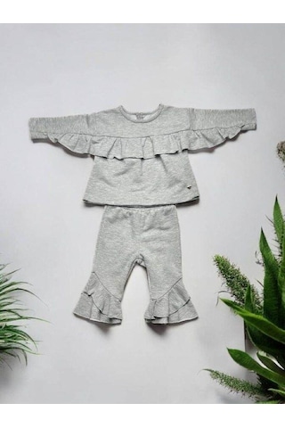 Kız Bebek Fırfır Detaylı Eşofman Takım-14856 Gri
