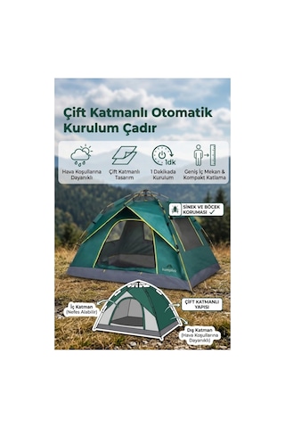 Kamptek Outdoor 4 Kişilik Otomatik Kurulum Kamp Çadırı - Çift Katmanlı, Su Geçirmez, 220x200x140 Cm Yeşil - Renkli