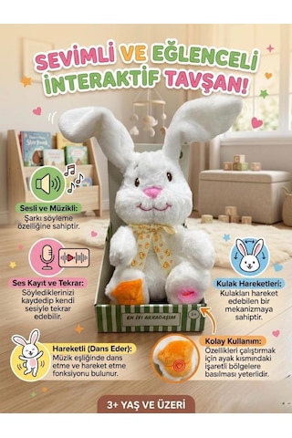 Sevimli Tavşan Sesli Müzikli Dans Eden Ses Kayıtı Yapıp Taklit Eden Hareketli Kulaklı Oyuncak Peluş Beyaz
