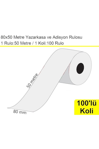 80x50 Metre Yazarkasa Ve Adisyon Rulosu 100'lü Koli / En:80 Mm Boy:50 Metre