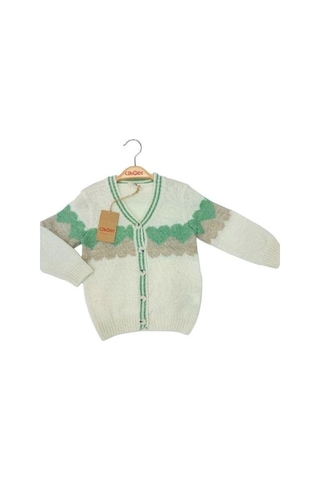 Kız Çocuk Kalp Desenli Düğmeli Kalın Hırka-13599 Yeşil