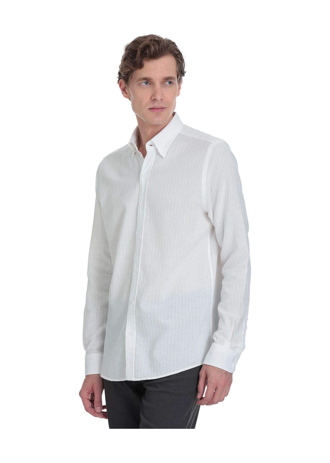 Hatemoğlu Beyaz Comfort Fit Çizgili Düğmeli Yaka 100% Pamuk Uzun Kollu Casual Gömlek 4111993