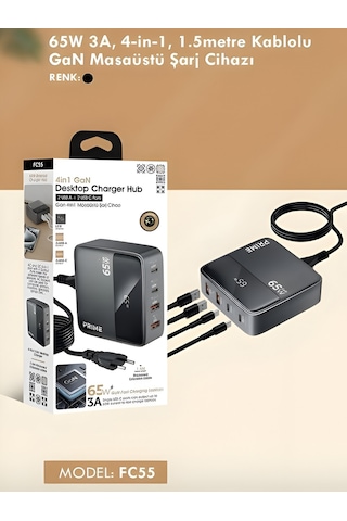 65w Gan 3a 4 Portlu 1,5 Metre Uzatma Kablolu Usb + Type-c Çoklayıcı Masaüstü Şarj Cihazı 1.5 M