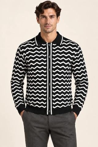 Tarz Cool Erkek Polo Yaka Zikzak Desenli Düğmeli Triko Hırka Akrilik Karışımlı Slim Fit Siyah
