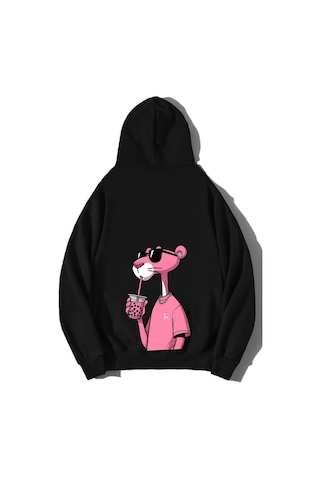 Brz Collection Unisex Oversize Pembe Panter Hoodie Siyah