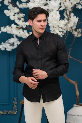 Paul Martin Regular Fit Gizli Düğmeli Yaka %100 Linen Ham Keten Gömlek SİYAH