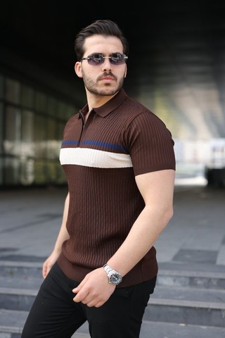 Veraura Lifestyle Erkek Örgü Desenli Renkli Kısa Kollu Triko Tişört Kahverengi