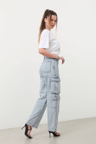 Kadın Baggy Kalıp Kargo Cepli Jean Pantolon Mavi 001