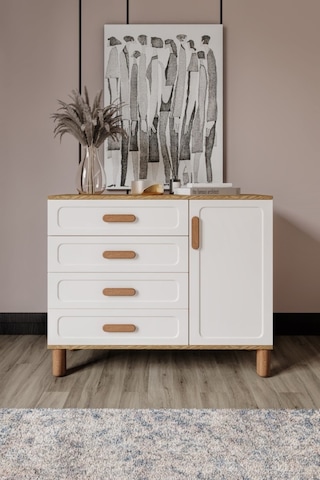 Flora Bohem Serisi 4 Çekmeceli 1 Kapaklı Şifonyer Modern Tasarım Mdf Mebran Kapak Aytaşı Ceviz 95x90 Ceviz - Ekru