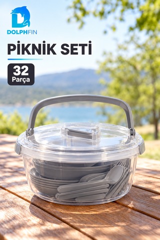 Piknik Seti 32 Parça Taşıma Kutulu Plastik Tabak Çatal Kaşık Kamp Seti Çok renkli