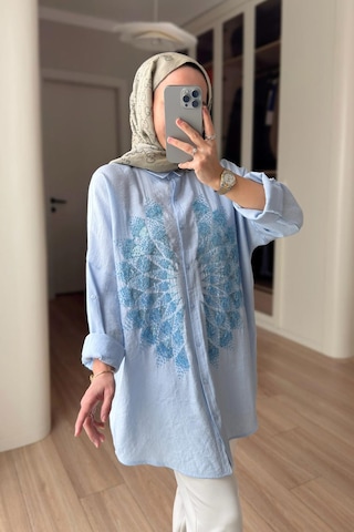 Kahijab Rose Boncuk İşlemeli Gömlek - Mavi