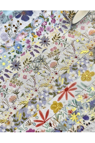 Kare Vintage Washi Tape Bant Yapışkanlı Maskeleme Kağıdı Desenli Bant 12'li - Mavi Çiçekler 1