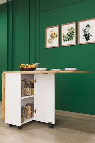 Asra Trend KM-13 %100 MDF 155x70 cm Katlanır Akıllı Mutfak Masası Tekerlekli Servis Masası Beyaz Safir Meşe
